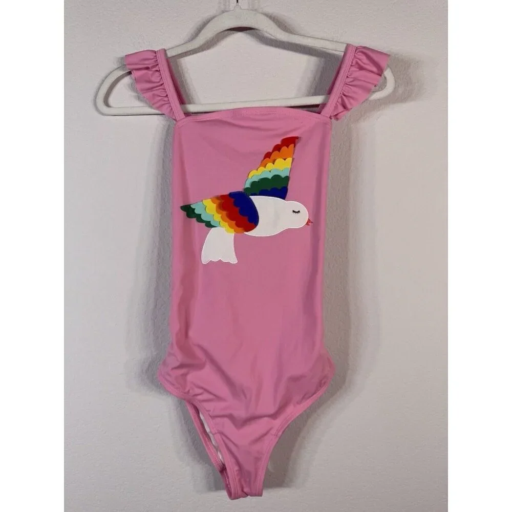 Hanna Andersson Pink 3D Tropical Bird Criss Cross One Piece Swimsuit Girls 14-16